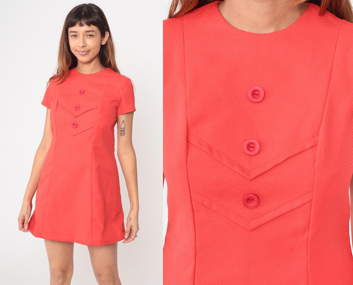 60s Coral Mod Mini Dress Shift A-Line Chevron Short Sleeve Small S
