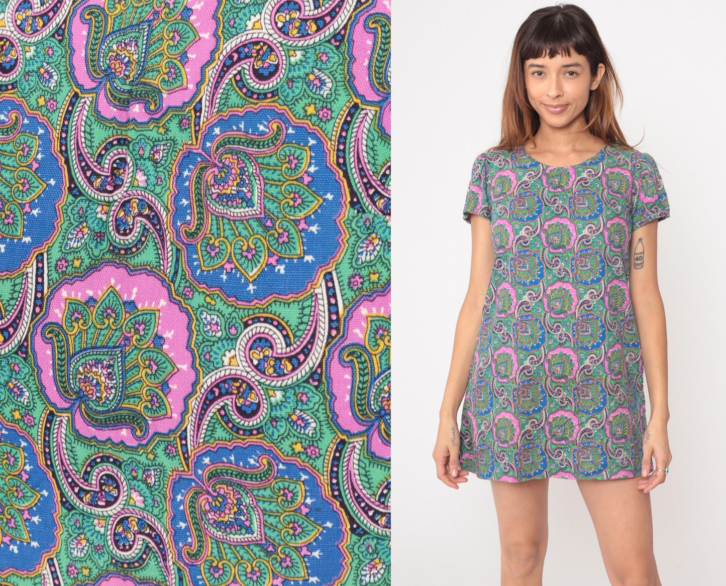 60s Psychedelic Paisley Mini Shift Dress Multicolor Cotton Small S