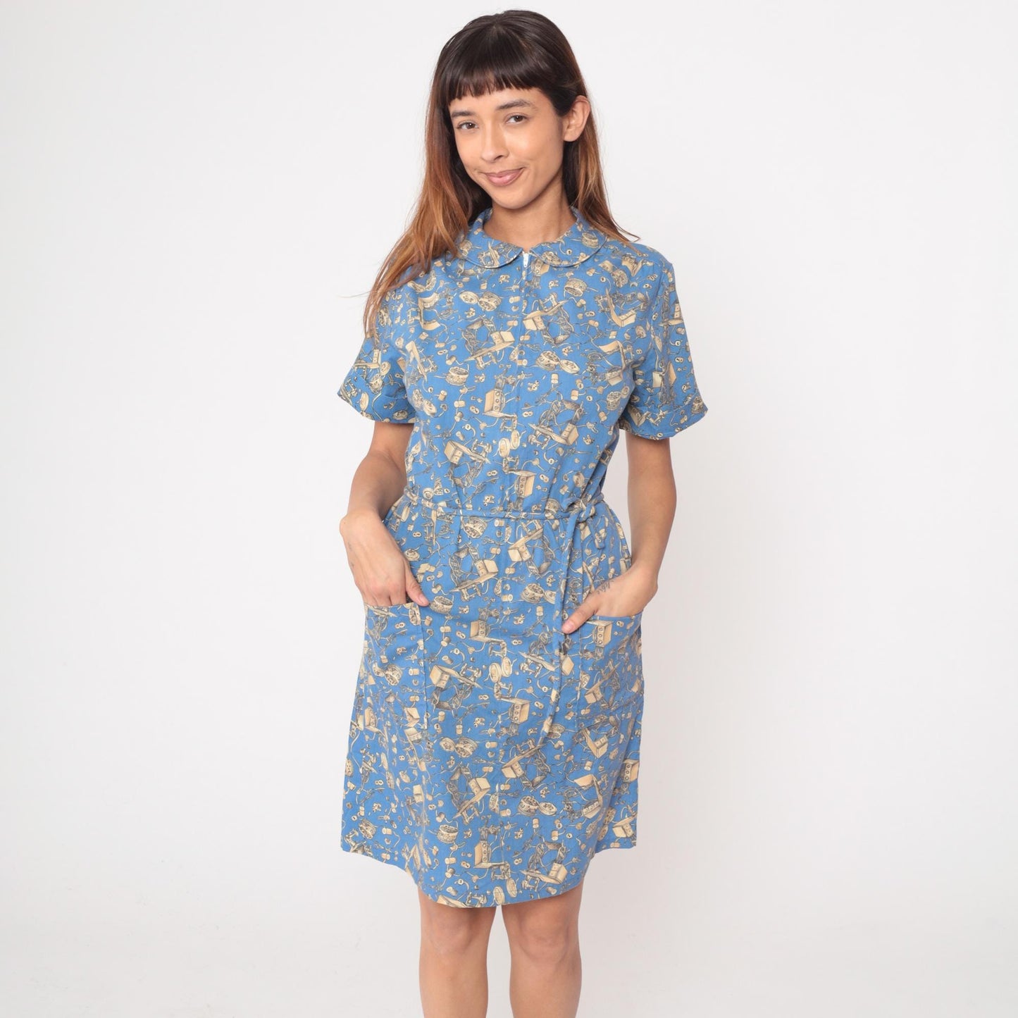 90s Zip n Dash Sewing Print Dress Blue Novelty Knee Length Medium