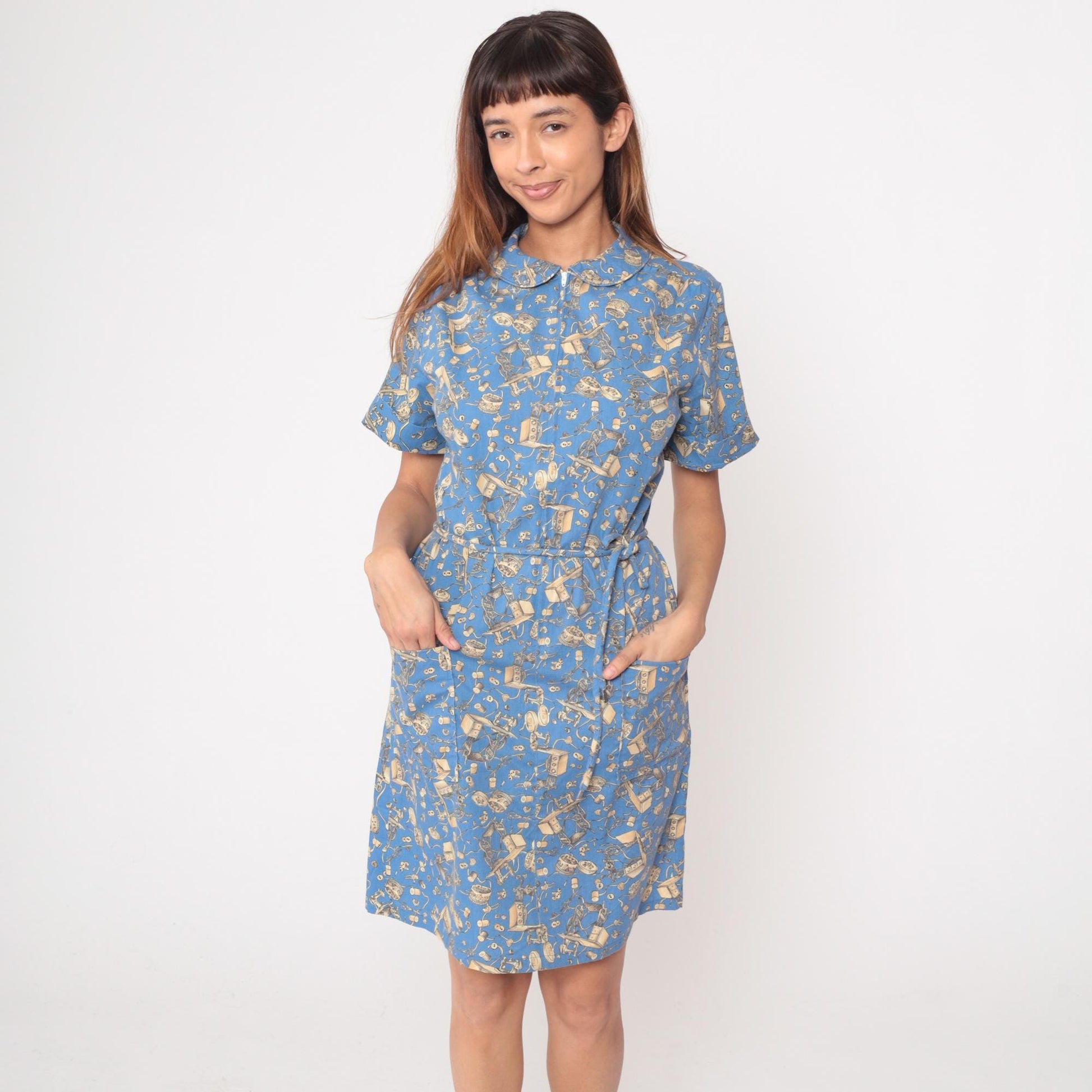 90s Zip n Dash Sewing Print Dress Blue Novelty Knee Length Medium