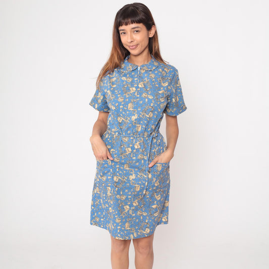 90s Zip n Dash Sewing Print Dress Blue Novelty Knee Length Medium