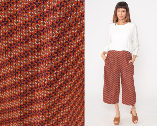 80s Dawn Joy Fashions Jumpsuit White Blouse Orange Floral Wide-Leg Culottes Large