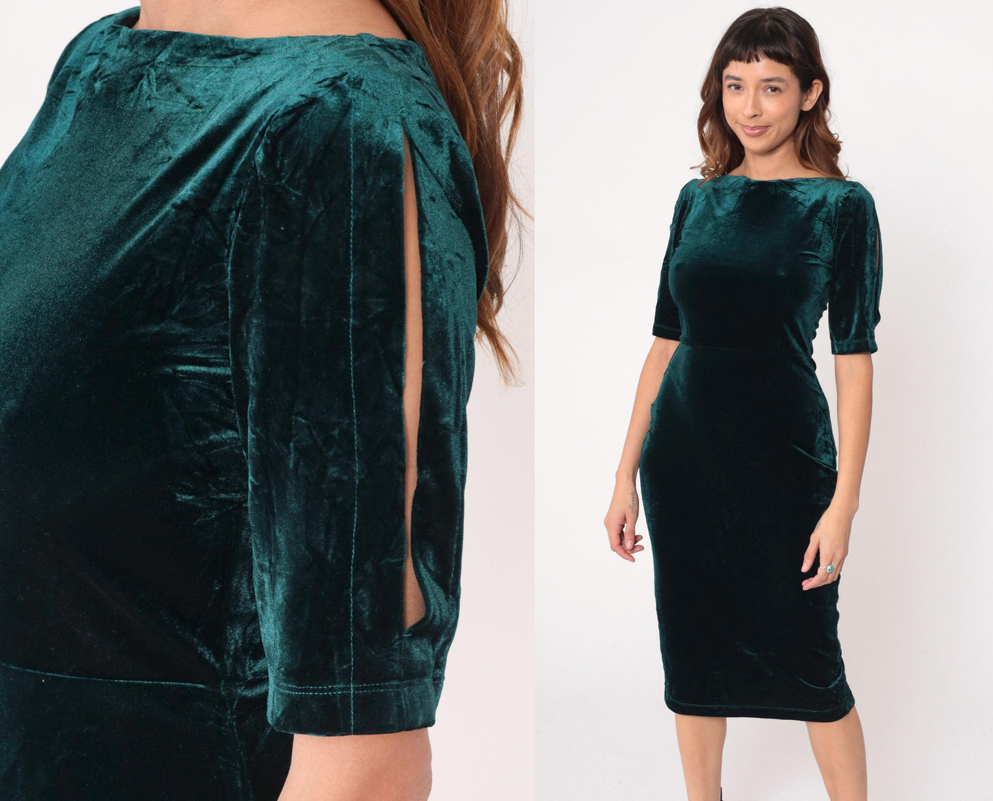 90s Style Camp Emerald Velvet Midi Dress Boat Neck Medium M
