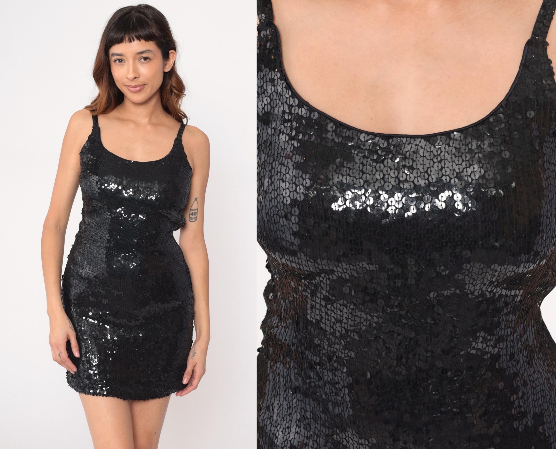 90s Black Sequin Mini Dress Spaghetti Strap Scoop Neck Small S