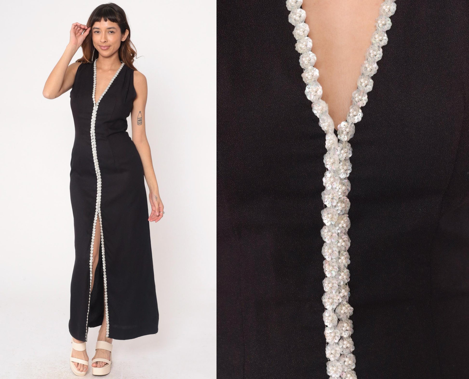 70s Black Maxi Dress White Sequin Beaded V-Neck Sleeveless Column Medium M