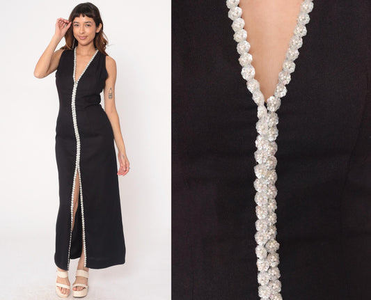 70s Black Maxi Dress White Sequin Beaded V-Neck Sleeveless Column Medium M