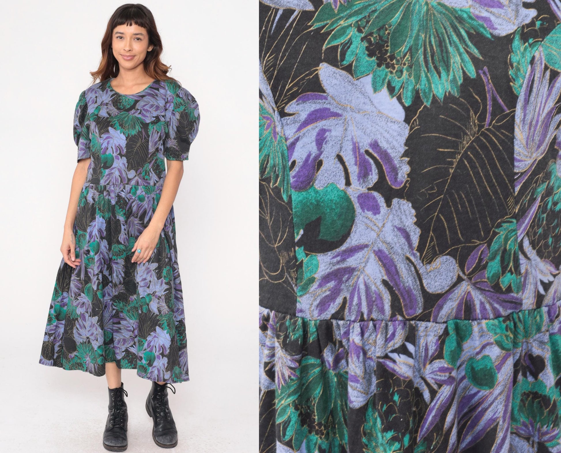 90s Scandels Black Floral Maxi Dress Purple Green Puff Sleeve Drop Waist Medium