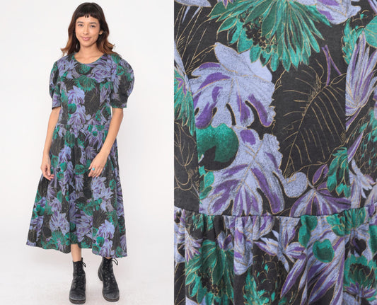 90s Scandels Black Floral Maxi Dress Purple Green Puff Sleeve Drop Waist Medium