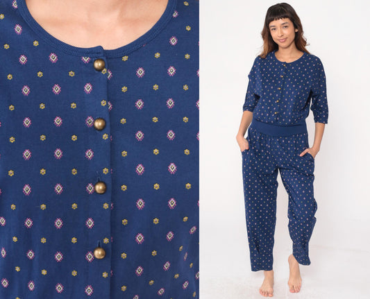 80s Rebe Geometric Jumpsuit Navy Diamond Print Button Front Medium M