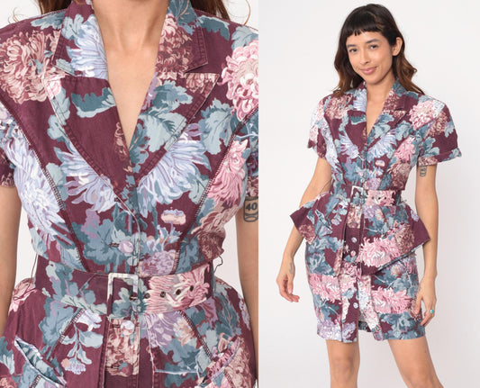 90s Karen Alexander Floral Peplum Dress Burgundy Chrysanthemum Small