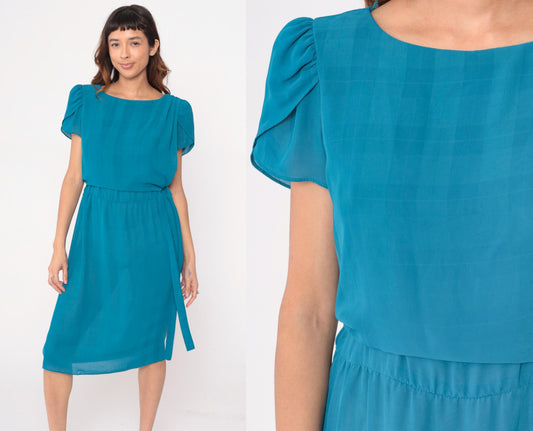 80s Alison Peters Teal Puff Sleeve Dress Boat Neck Tie Belt Knee-Length Small