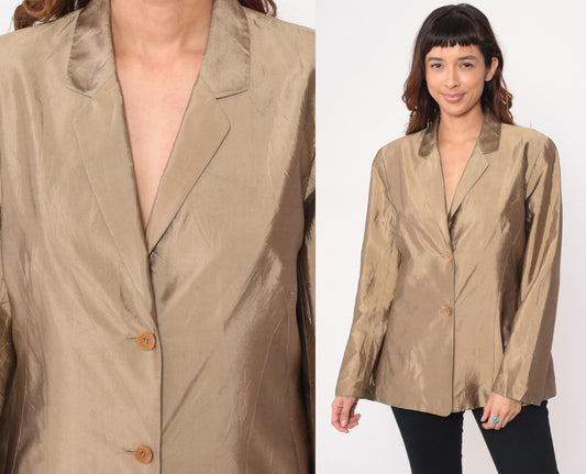 Y2K Ann Taylor Silk Blazer Tan Shawl Collar Two-Button Large L