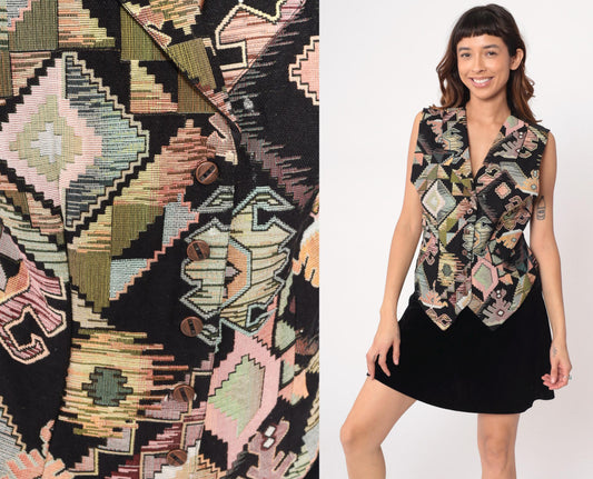 90s Diamond Western Wear Southwestern Tapestry Vest Black Geometric Cotton Large