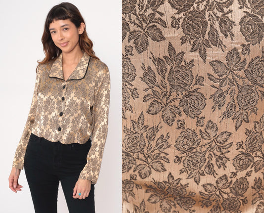 90s Sheri Martin Floral Brocade Jacket Cropped Champagne Black Piping Medium