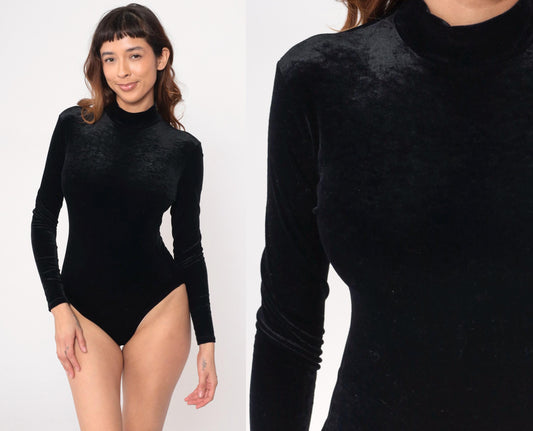 90s Black Velvet Bodysuit Turtleneck Keyhole Back Medium M