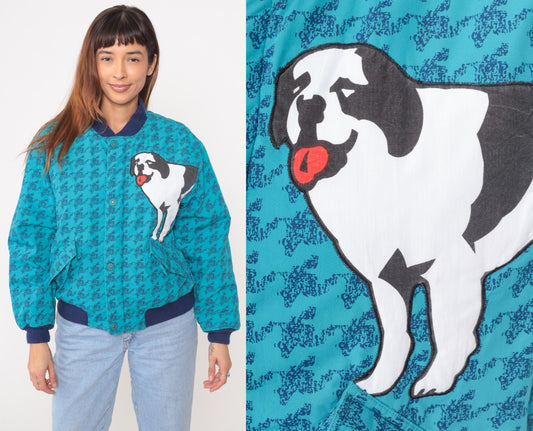 90s Big Dogs Bomber Jacket Turquoise Navy Ribbed Trim Dog Graphic Youth XL