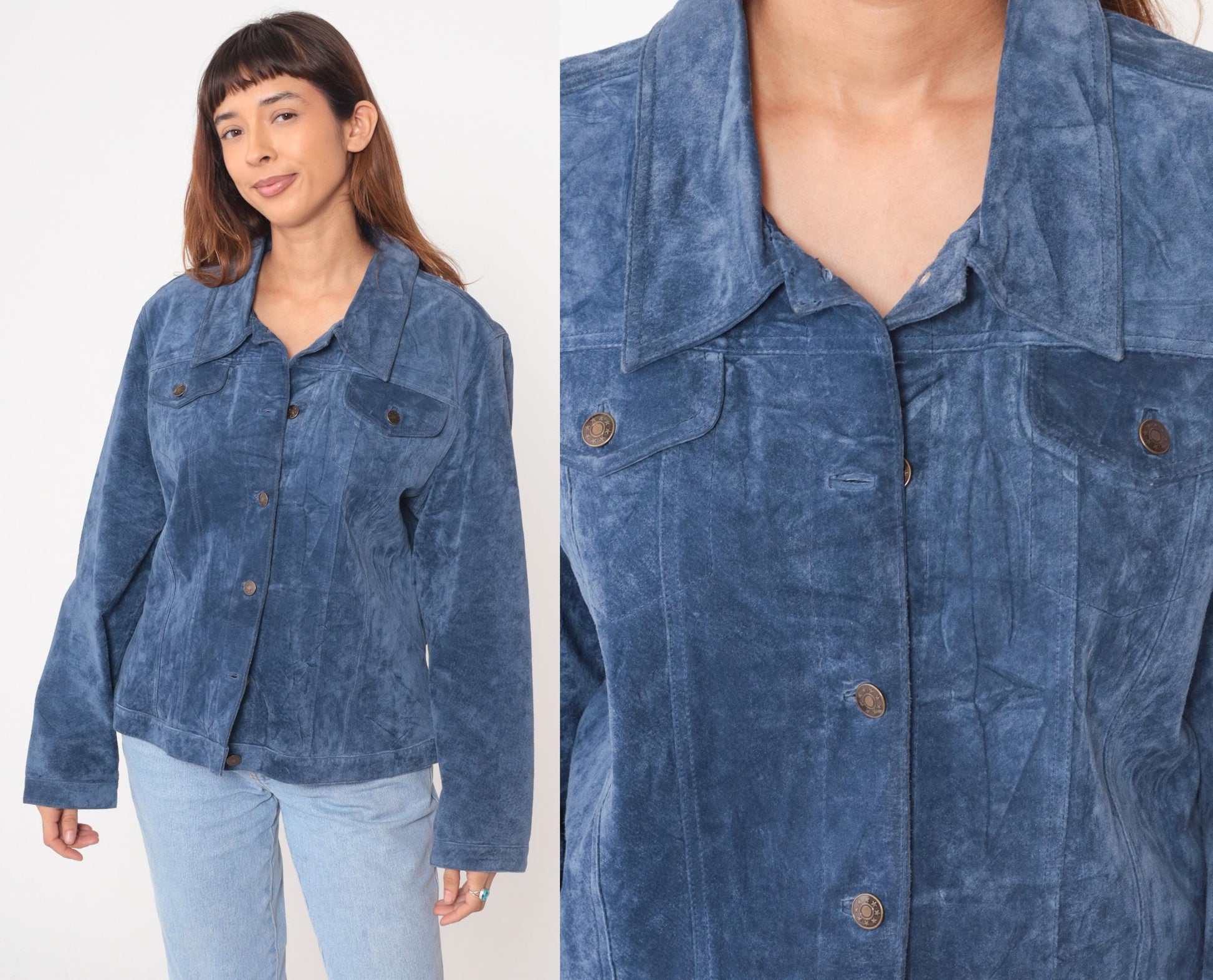 Y2K Blue Suede Jacket Collared Trucker Western Chest Pockets Extra Large