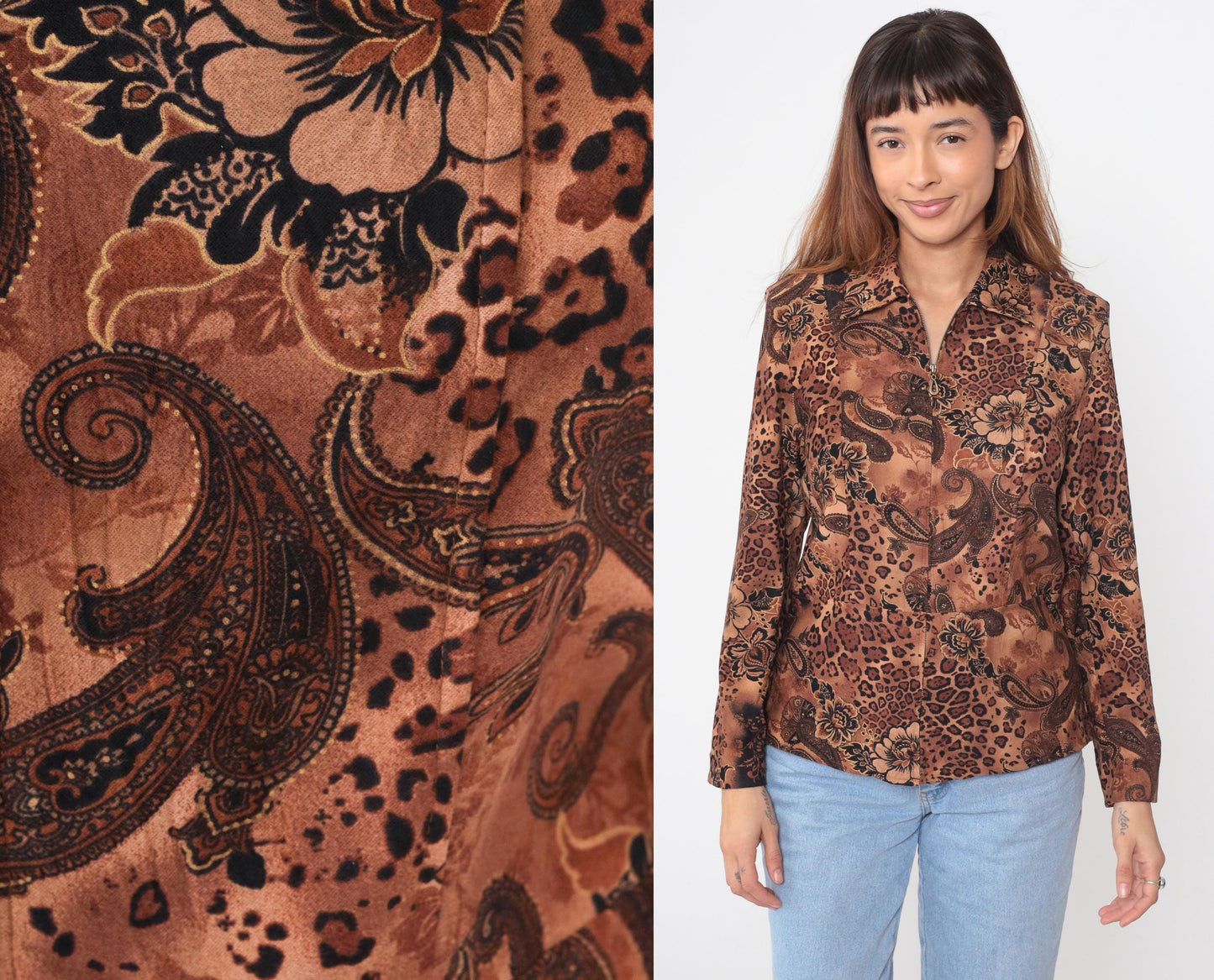 Y2K Brown Leopard Paisley Floral Zip Jacket Small S