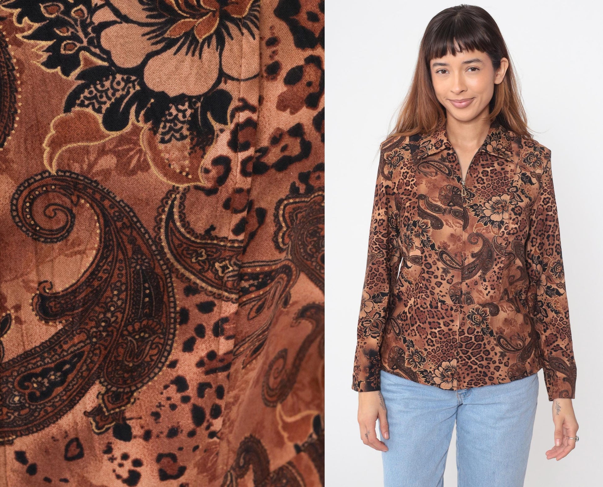 Y2K Brown Leopard Paisley Floral Zip Jacket Small S