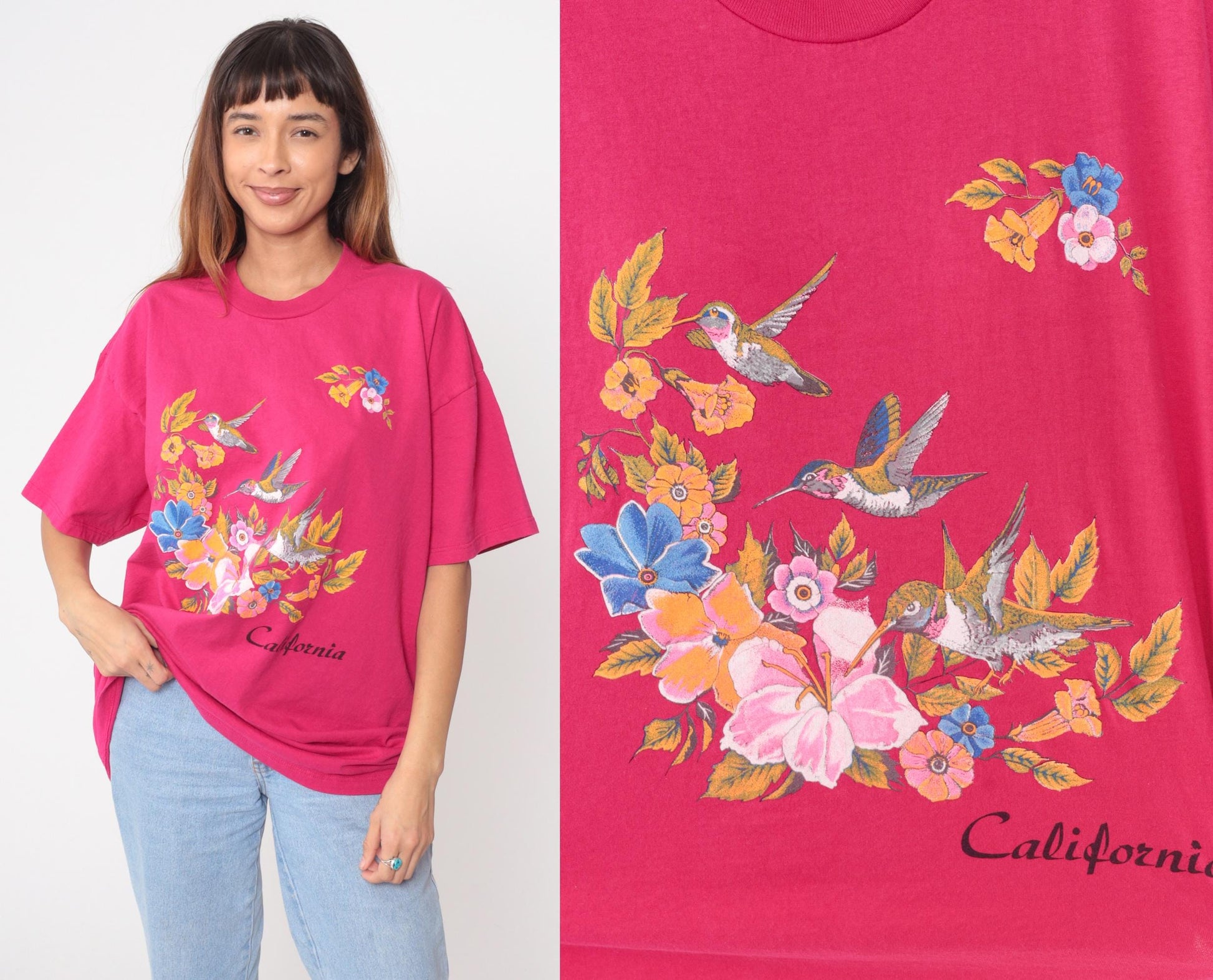 90s Jerzees Hummingbird California Graphic T-Shirt Pink Extra Large XXL