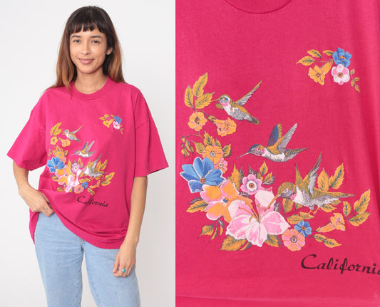 90s Jerzees Hummingbird California Graphic T-Shirt Pink Extra Large XXL