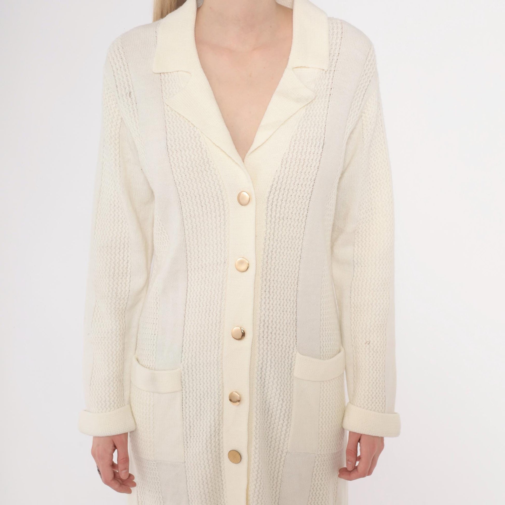 70s Cream Cable Knit Cardigan Dress Collared Button Front Large L