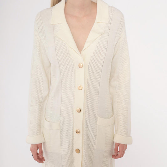 70s Cream Cable Knit Cardigan Dress Collared Button Front Large L