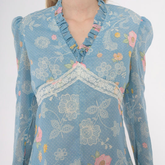 70s Light Blue Floral Mini Dress Long Sleeve Ruffle Lace Trim Small