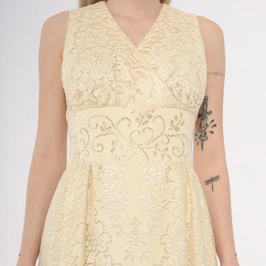 70s Ivory Lace Maxi Dress V-Neck Empire Waist Sleeveless Small S