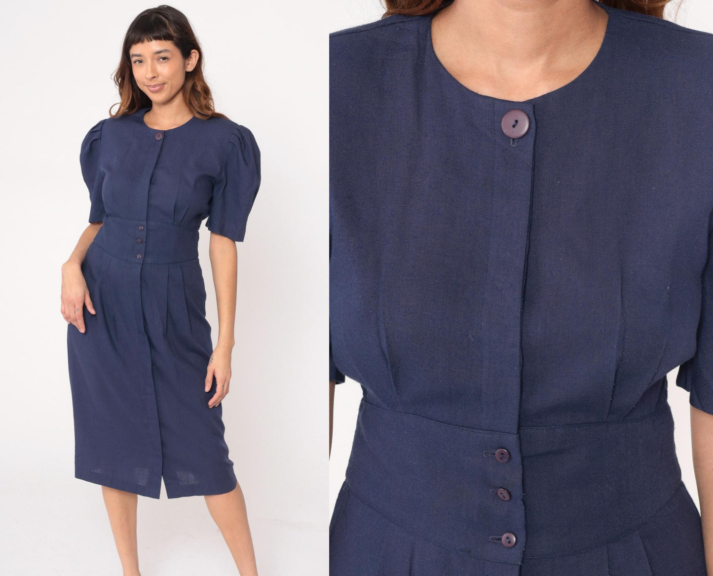 80s Jessica Howard Navy Puff Sleeve Dress Pleated Skirt Shoulder Pads Medium