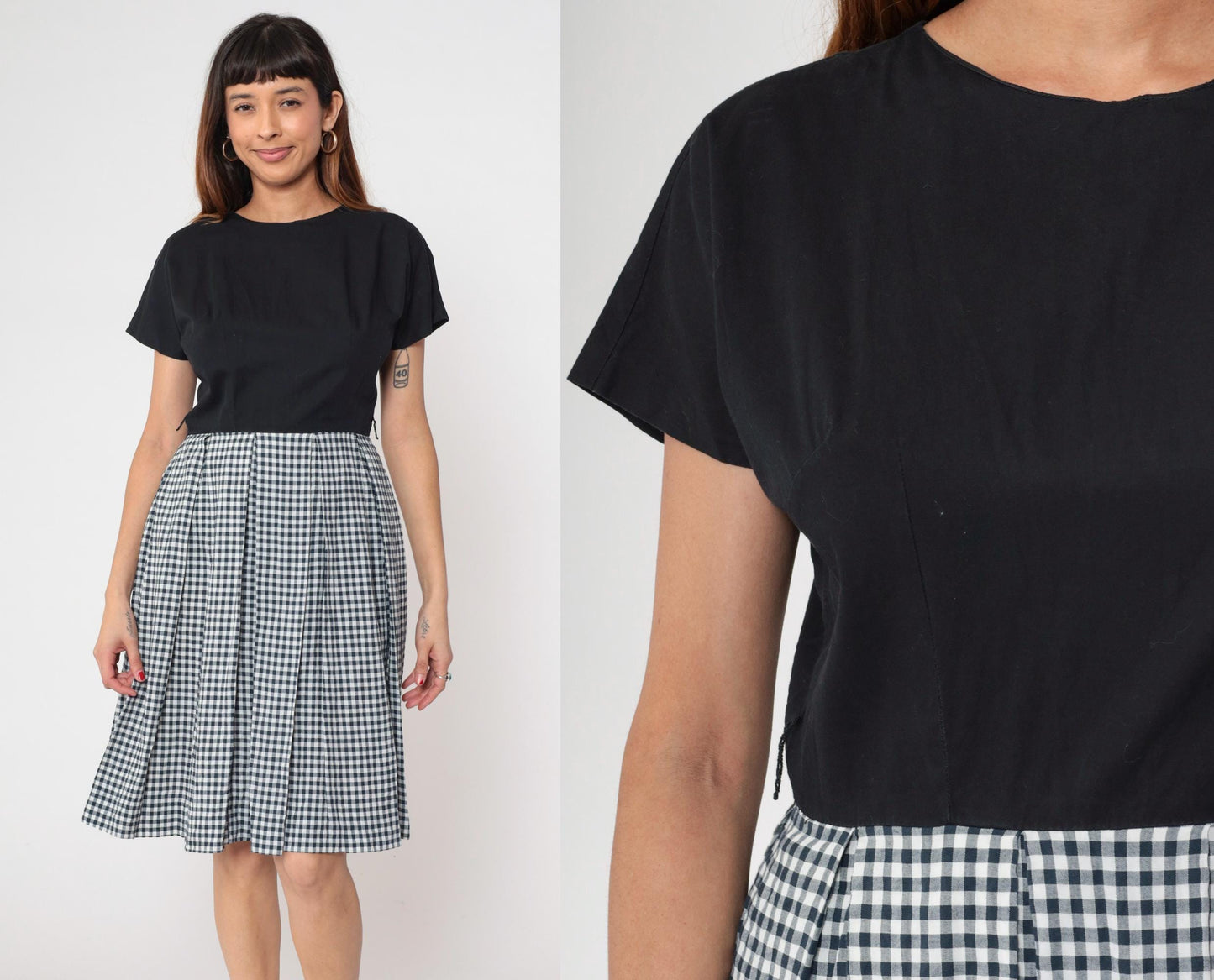 90s Black White Gingham Dress Crew Neck A-Line Knee Length Cotton Medium M