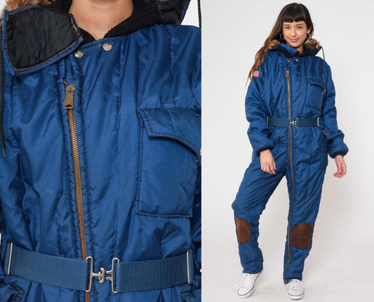 70s Polarware Ski Suit Blue Snowsuit Fur Hood American Flag Mens Medium