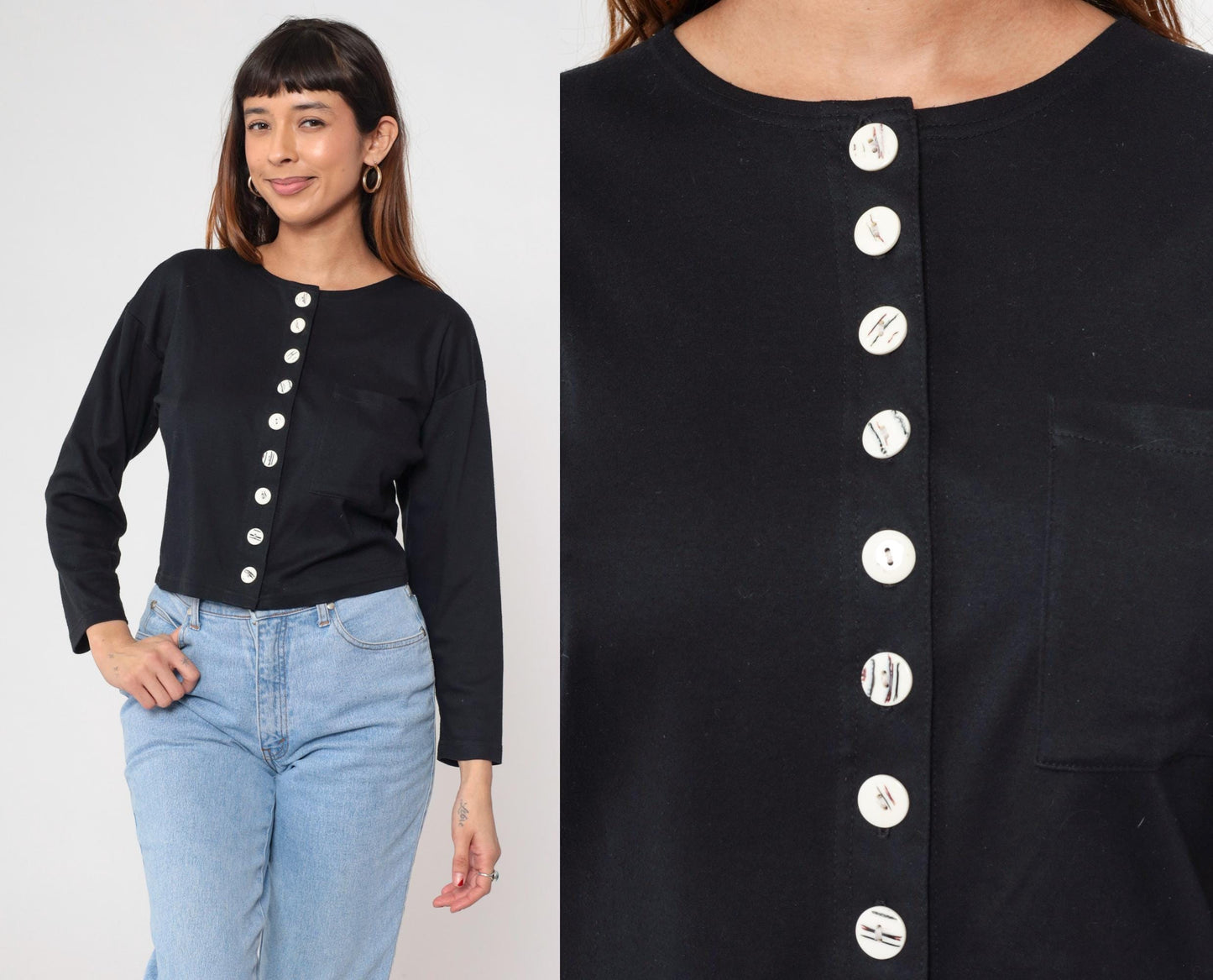 90s Adrenaline Black Cropped Cardigan White Buttons Crew Neck Medium M