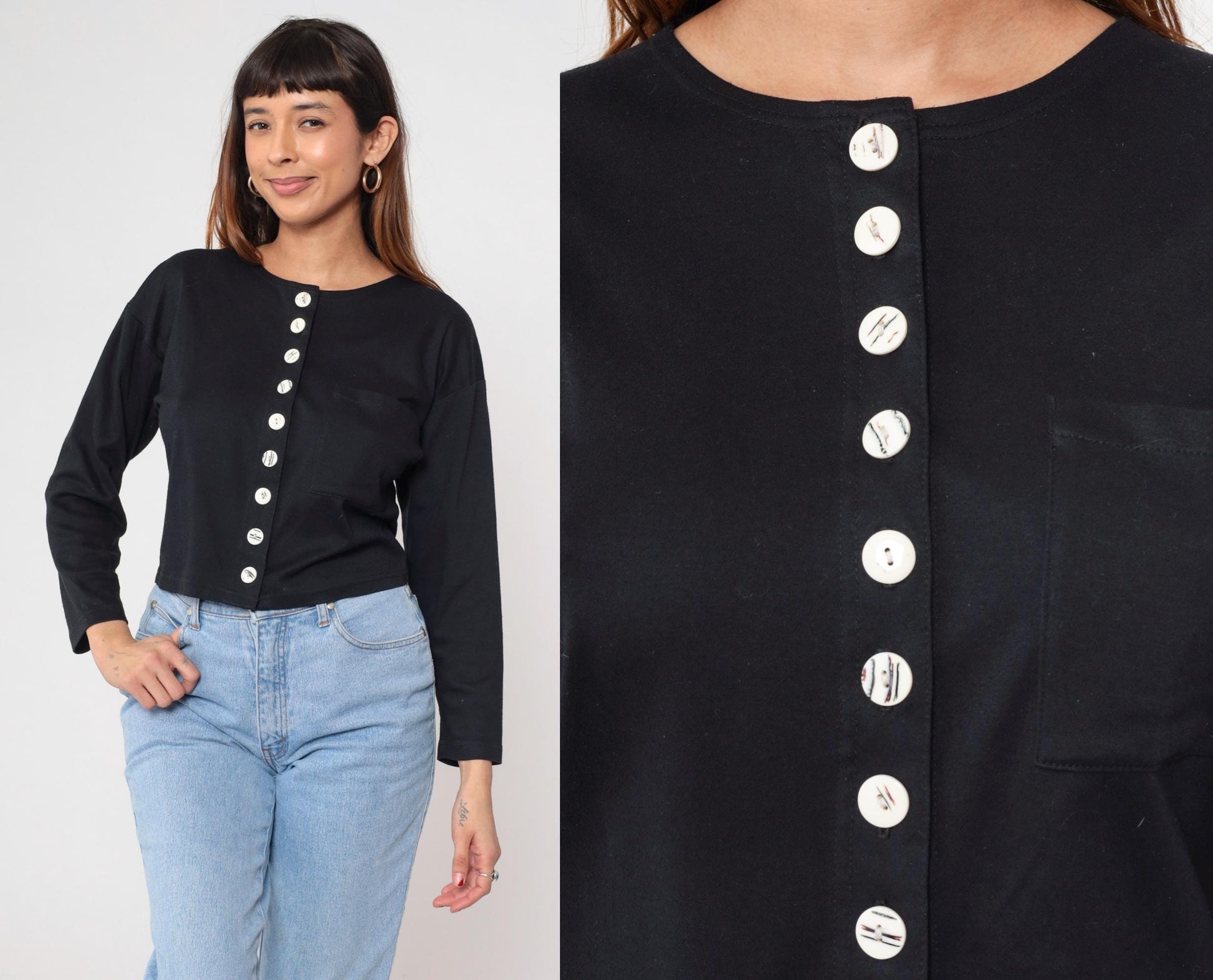 90s Adrenaline Black Cropped Cardigan White Buttons Crew Neck Medium M
