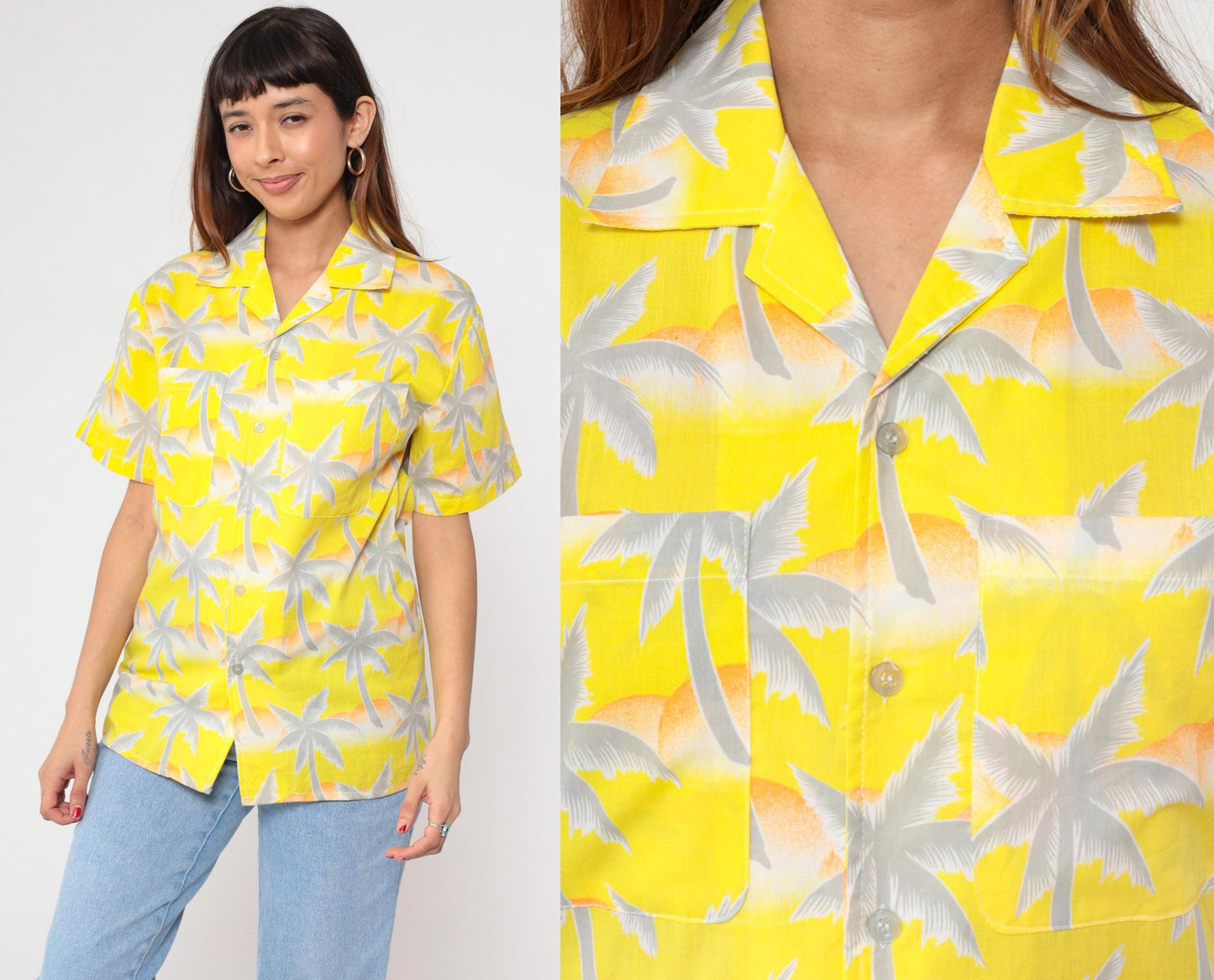80s Tropicana Hawaiian Shirt Yellow Palm Tree Orange White Small