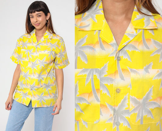 80s Tropicana Hawaiian Shirt Yellow Palm Tree Orange White Small
