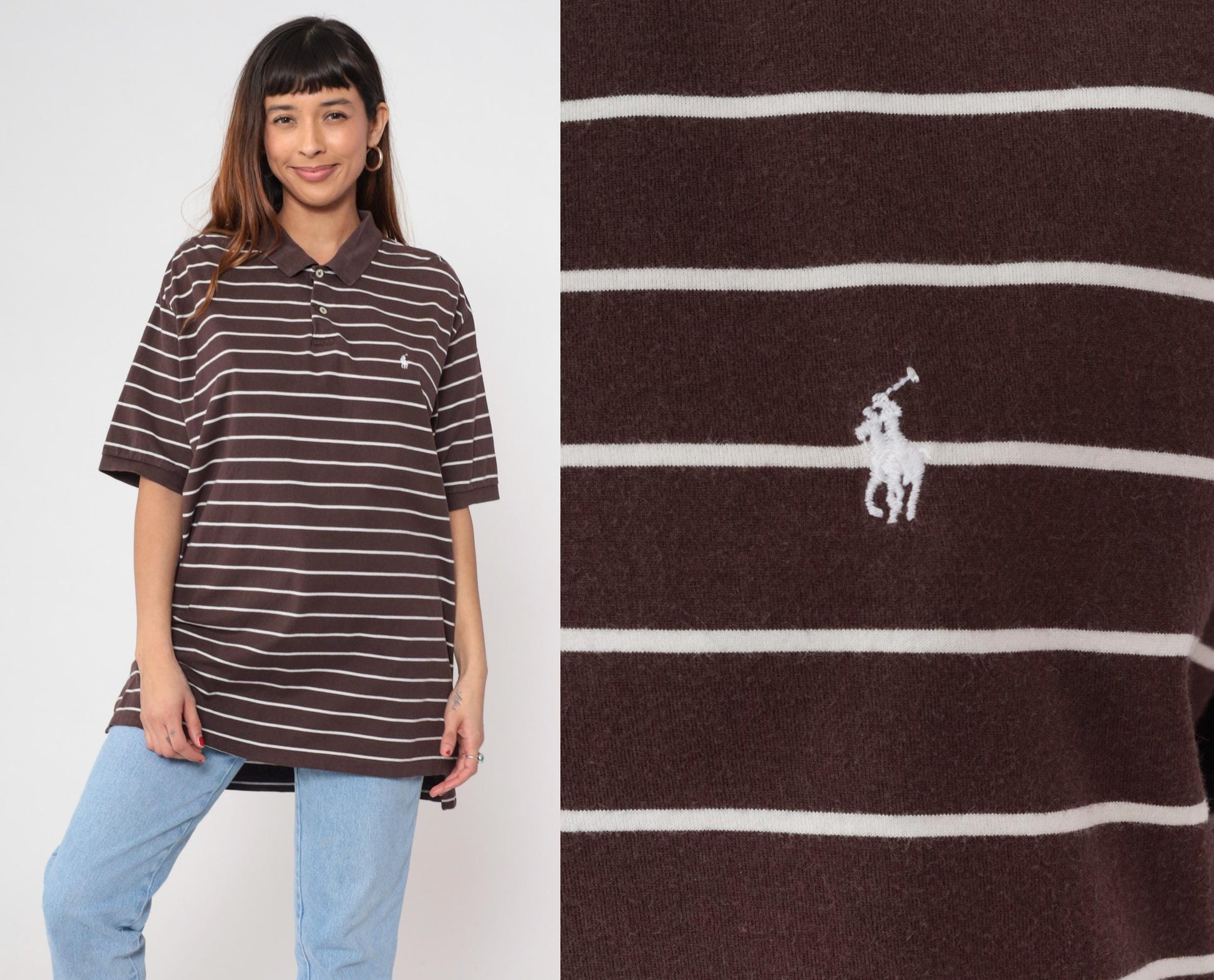 90s Polo Ralph Lauren Striped Polo Shirt Brown White Cotton Extra Large XL