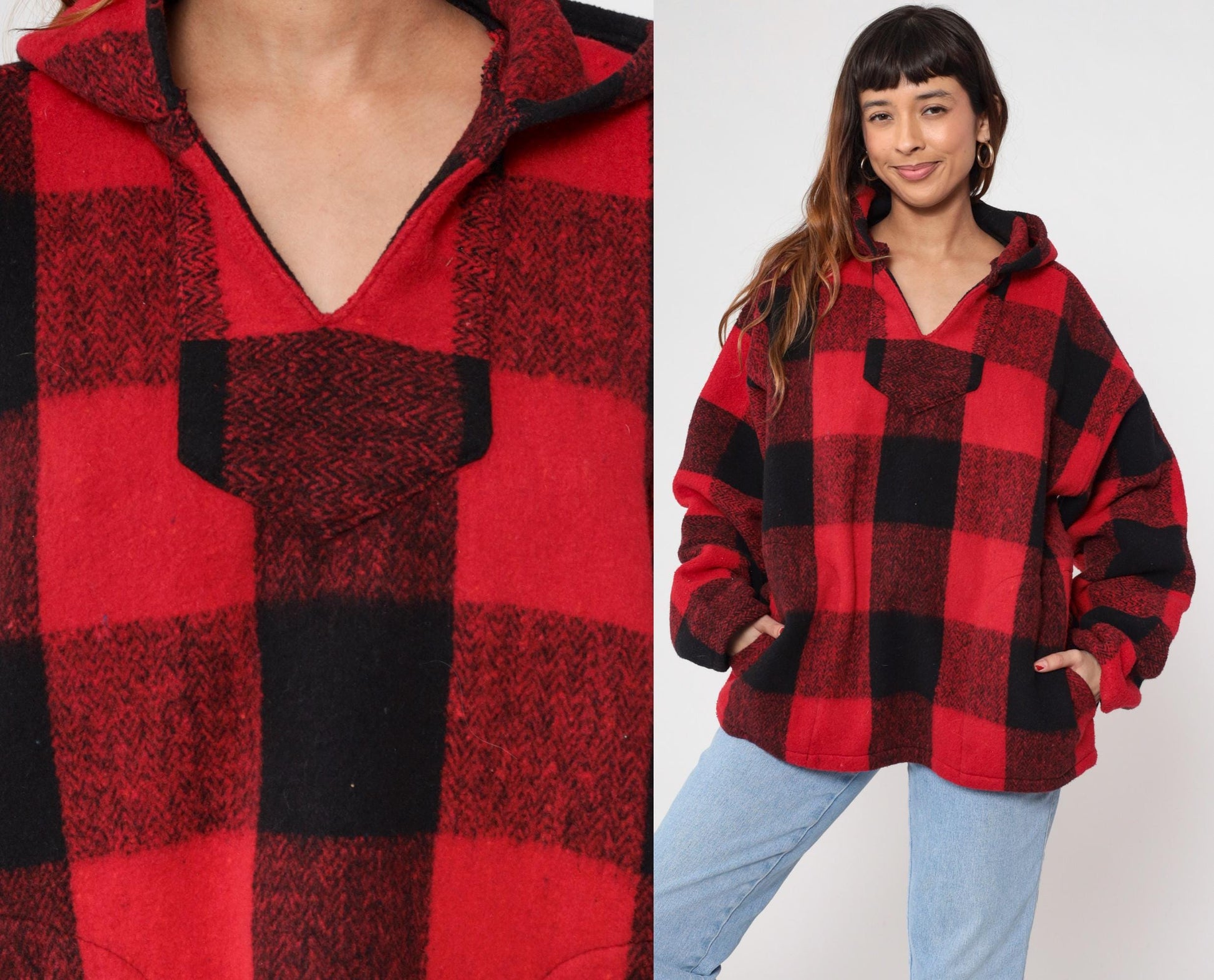 90s Buffalo Plaid Hoodie Red Black Half-Zip Earth Ragz Fleece Large L
