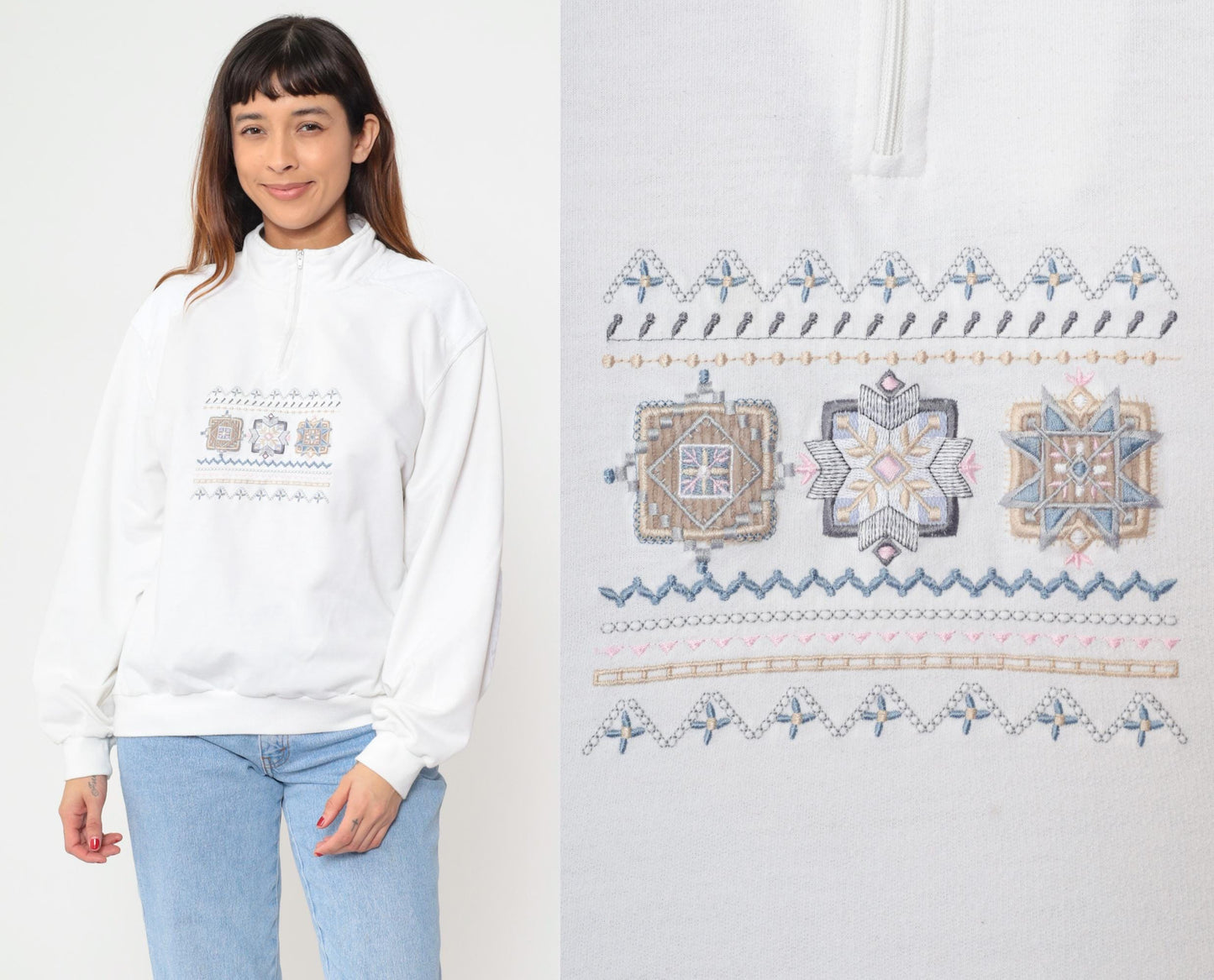 80s Alfred Dunner Quarter-Zip Sweatshirt White Geometric Embroidered Extra Large