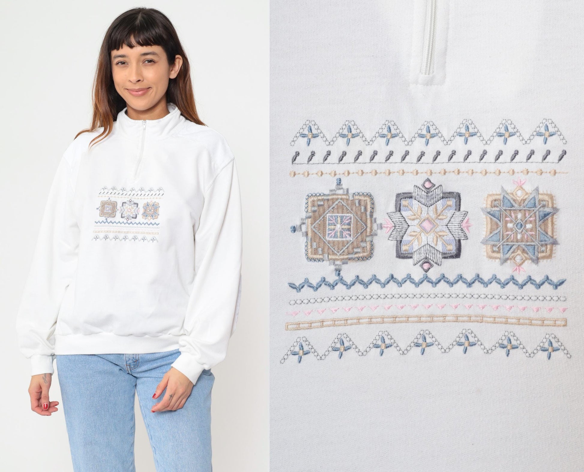 80s Alfred Dunner Quarter-Zip Sweatshirt White Geometric Embroidered Extra Large