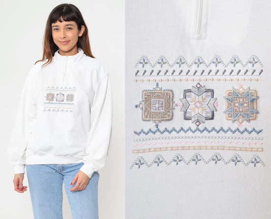 80s Alfred Dunner Quarter-Zip Sweatshirt White Geometric Embroidered Extra Large