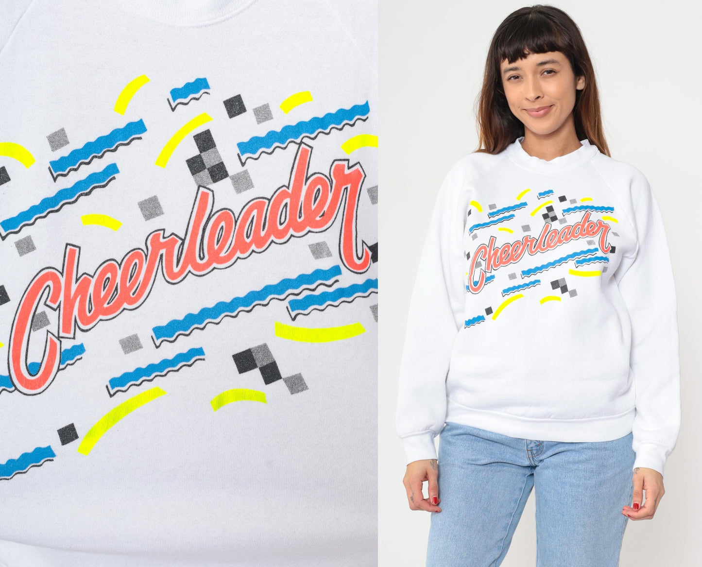 90s Cheerleader Sweatshirt White Graphic Raglan Pullover Large L