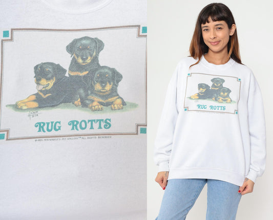 90s Rottweiler Puppies Graphic Sweatshirt White Jerzees Crewneck Extra Large XL