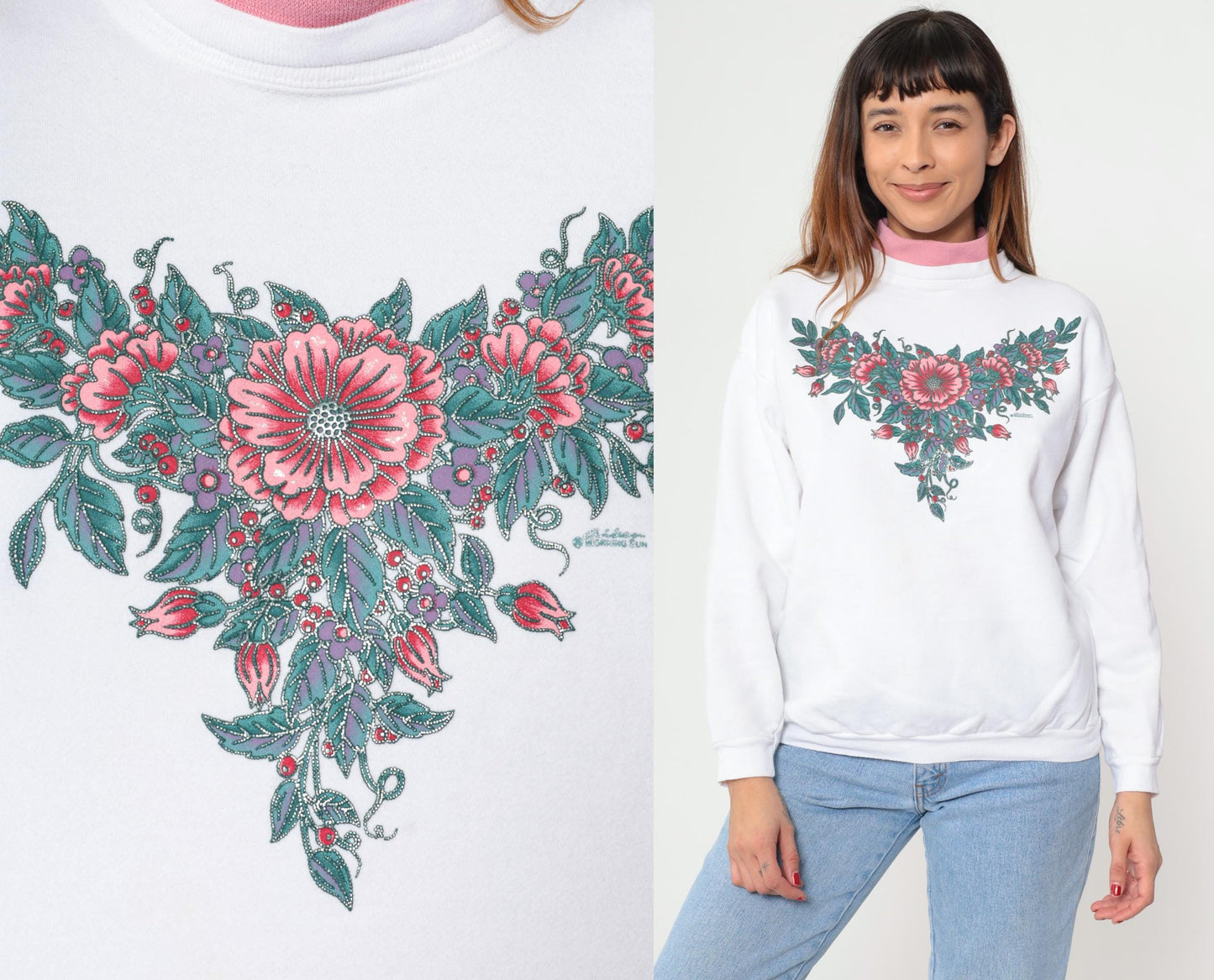 90s White Floral Mock Neck Sweatshirt Pink Collar Cotton Petite Large