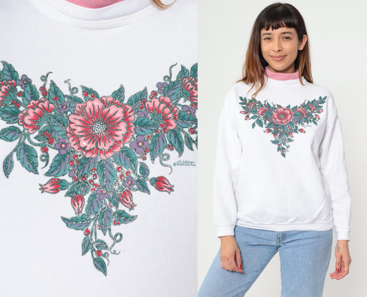 90s White Floral Mock Neck Sweatshirt Pink Collar Cotton Petite Large