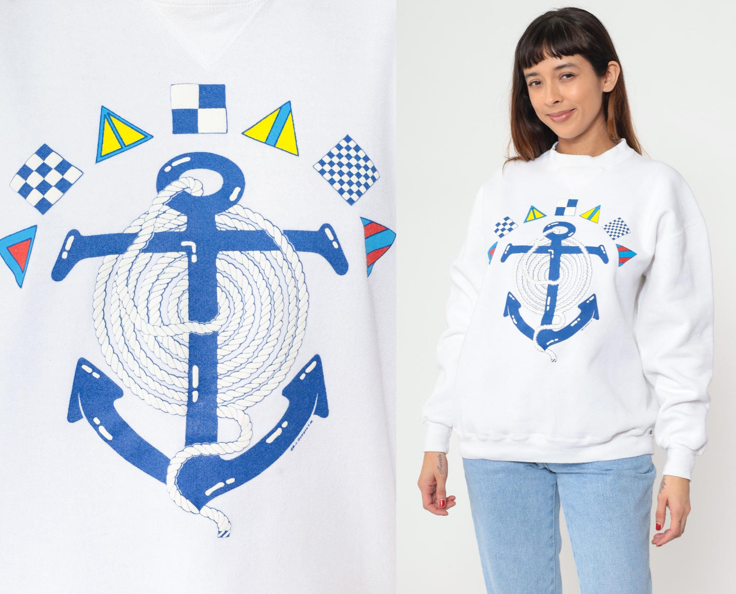 90s Russell Athletic Nautical Anchor Sweatshirt White Embroidered Signal Flags Extra Large XL