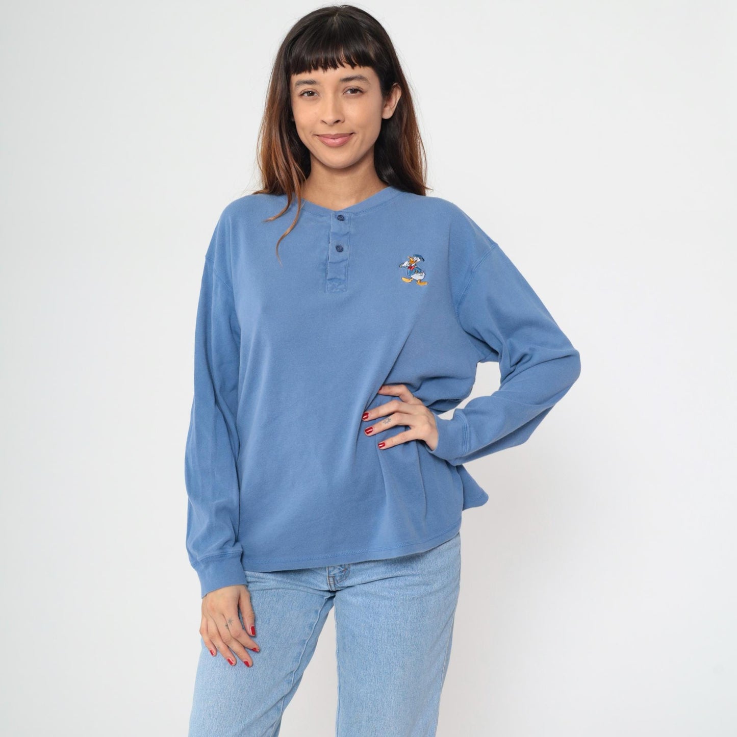 90s Donald Duck Henley Shirt Periwinkle Blue Embroidered Cotton Medium