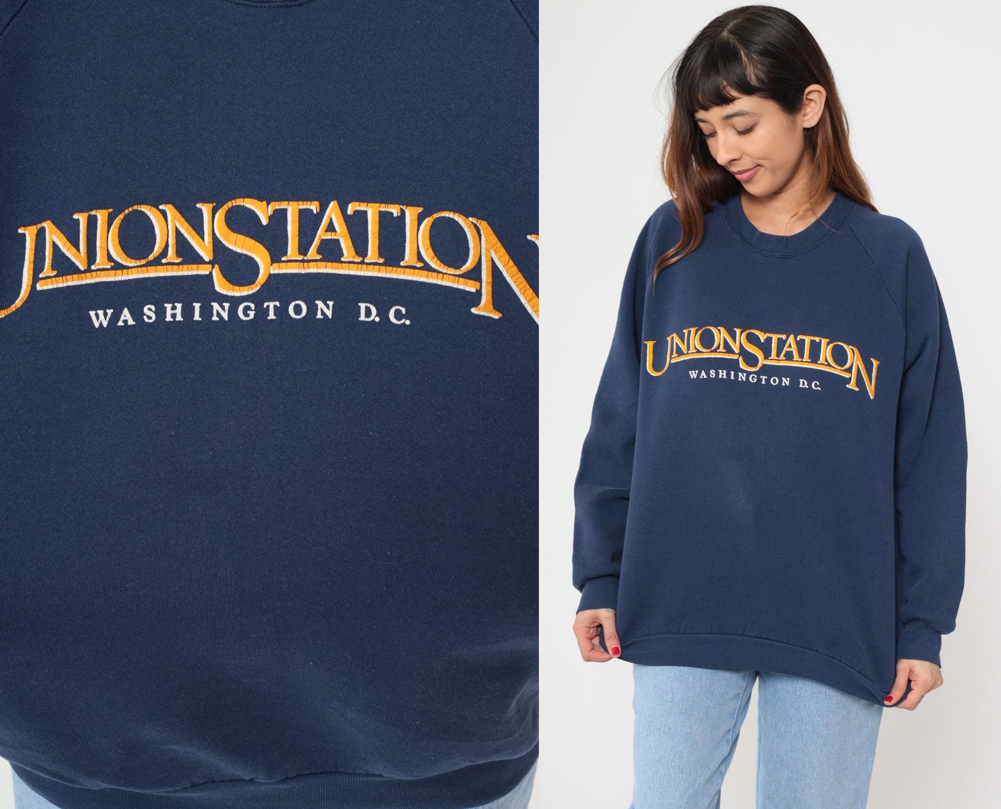 90s Union Station Washington DC Navy Sweatshirt Embroidered Raglan Extra Large XL