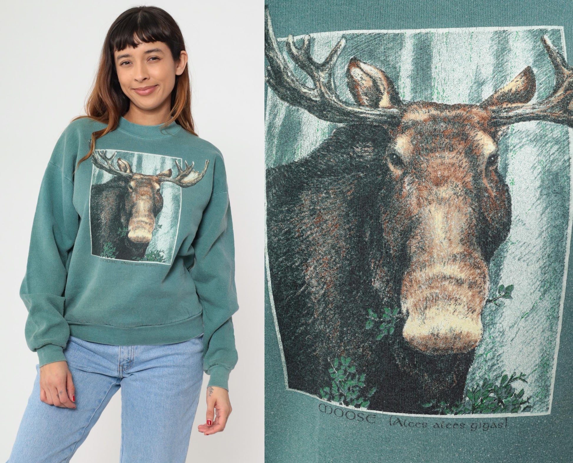 90s Moose Graphic Sweatshirt Sage Green Crewneck Pullover Large L