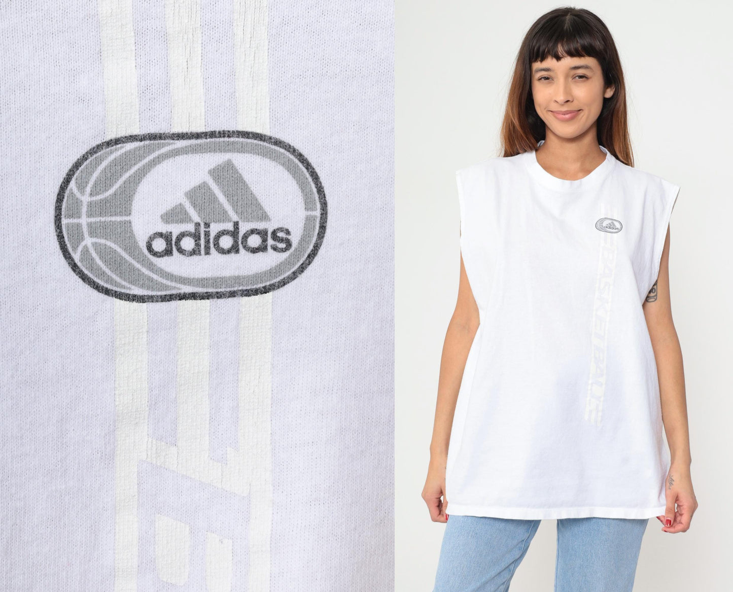 Y2K Adidas Basketball Tank Top White Cotton Sleeveless Jersey Extra Large XL